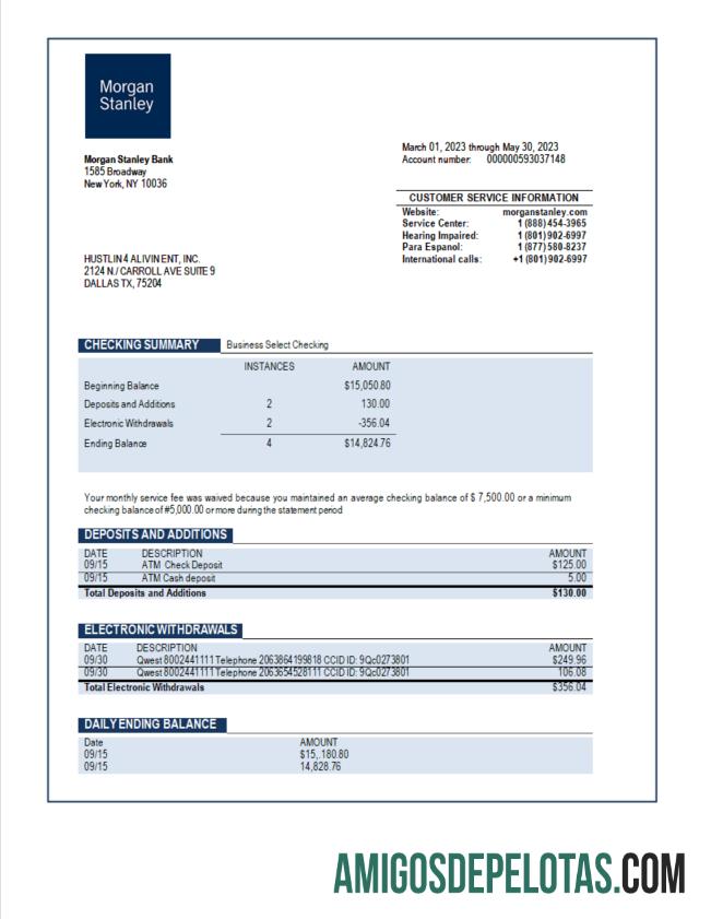 Baixável Morgan Stanley Bank Organization modelo de extrato de conta Word e PDF